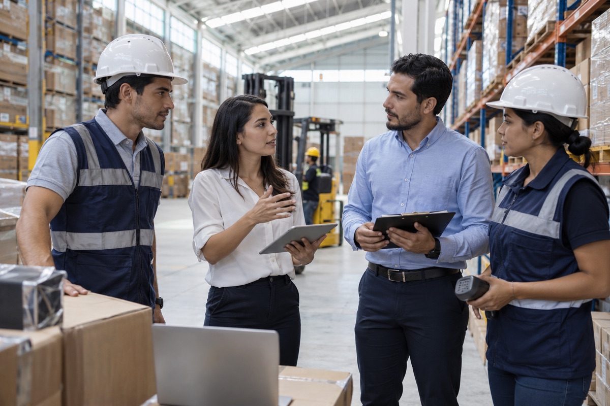 Equipo de trabajo latino en una bodega empresarial moderna.