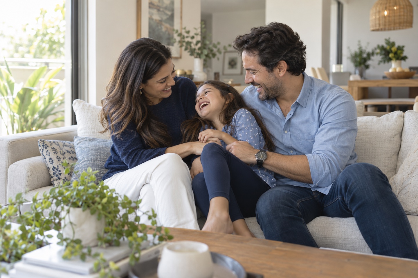 Familia colombiana sonriendo y compartiendo un momento en una sala luminosa.