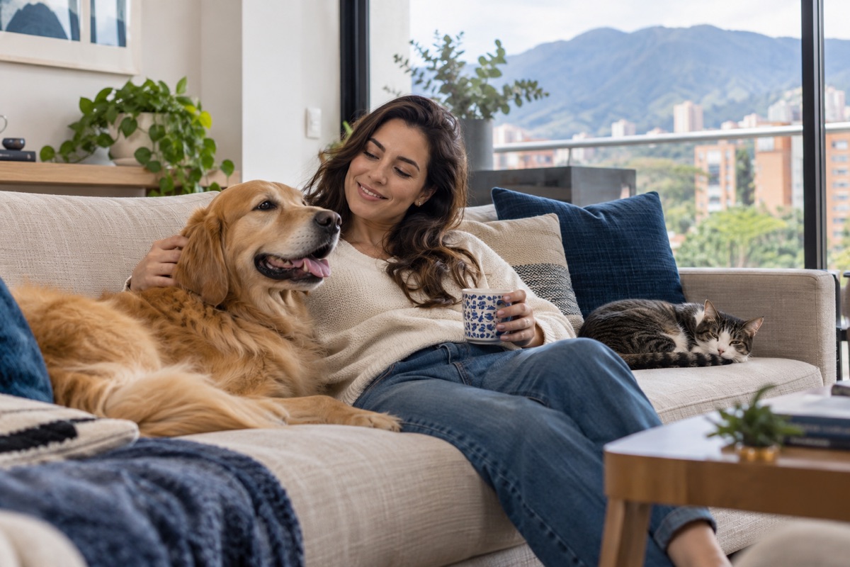 Mujer con su perro y su gato en una sala luminosa.