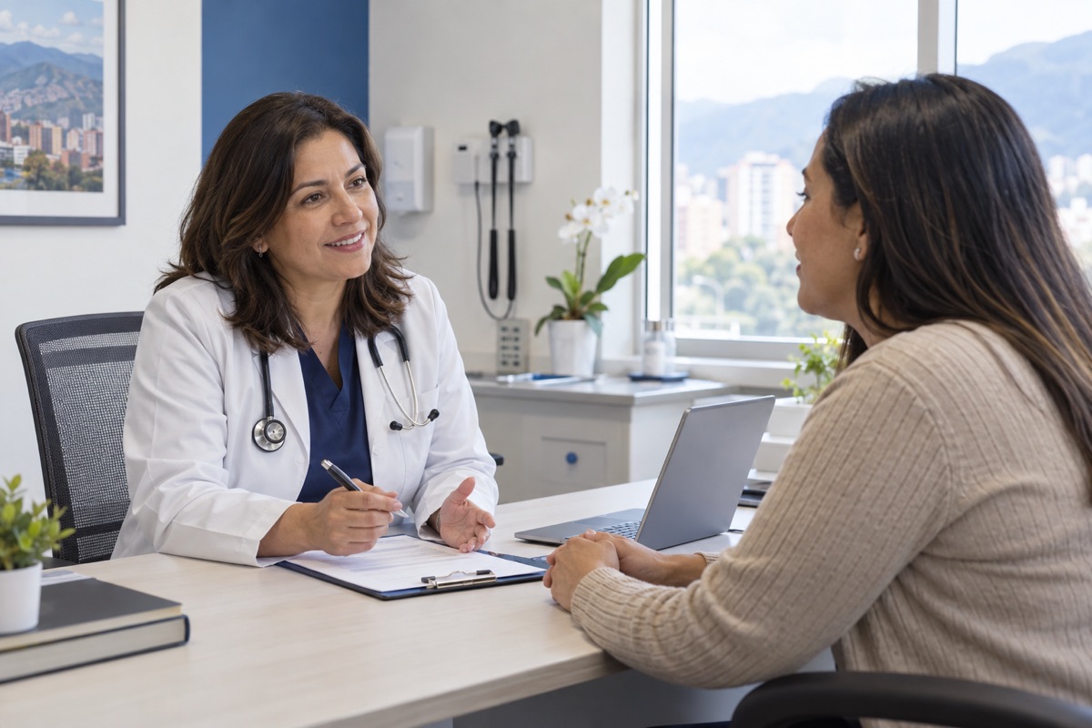 Médica atendiendo a una paciente en una clínica moderna y luminosa.