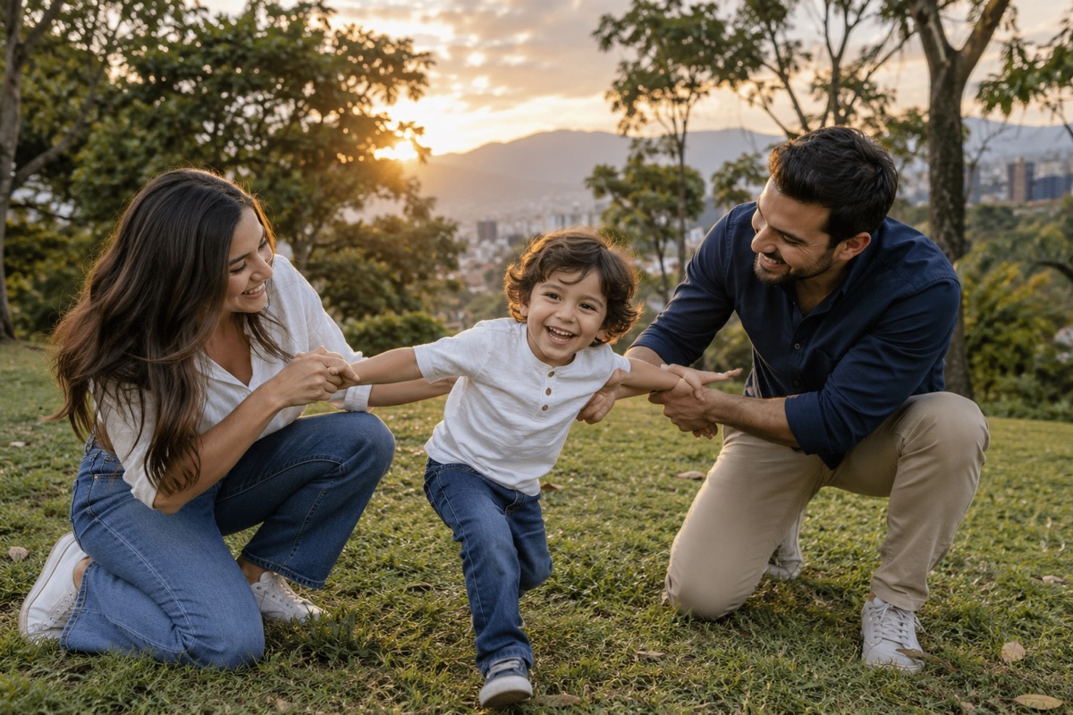 Padres colombianos jugando con su hijo en un parque al atardecer.